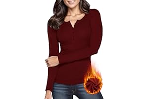 WOWENY Damskie topy termiczne z warstwami bazowymi na guziki prążkowane damskie topy z długim rękawem koszulki rozciągliwe jednokolorowe slim fit,