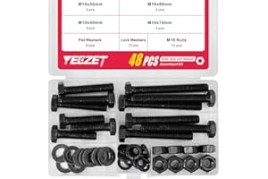 YEEZET 12 Juegos M10 Tornillos de Cabeza Hexagonal Pernos y Tuercas Juego Surtido de Arandelas Planas y de Seguridad Grado de Acero Aleado 8.8 (40 mm 50 mm 70 mm 80 mm)