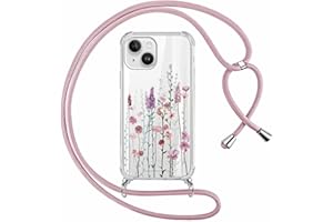 Yoedge Handyband Handyhülle für iPhone 14/iPhone 13 6,1" Hülle mit Band, Weiche Silikon TPU + PC Stoßfest Schutzhülle mit Kordel zum Umhängen, Durchsichtig Case mit Aesthetic Muster, Blumen 3