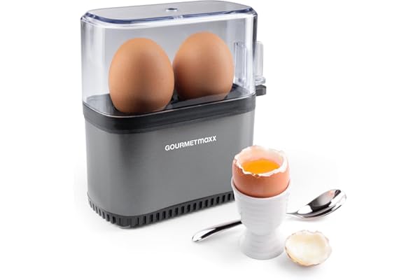 GOURMETmaxx Cuiseur à œufs pour 2 œufs | Cuiseur à œufs avec pique-œuf dans le gobelet doseur | 3 degrés de cuisson pour votre coquetier | Design petit format – pièces lavables au lave-vaisselle