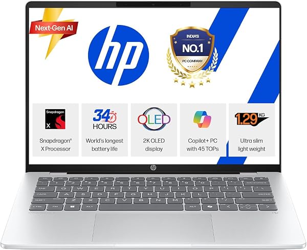 HP OmniBook 5 OLED (Previously Pavilion), Snapdragon X Processor 45 Tops (16GB LPDDR5x, 512GB SSD), 2K 14''/35.6cm, Win11, Office24, Silver, 1.29kg, he0014QU, M