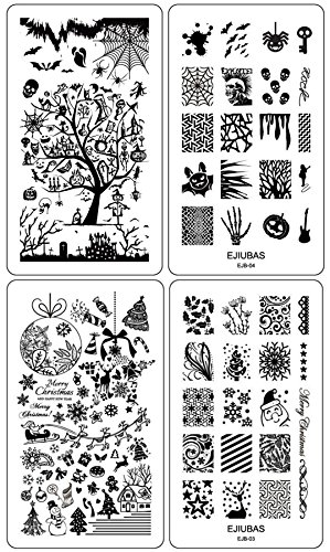 Ejiubas Nail Stamping Plates Double-sided Design Halloween & Christmas Style Image Manicure Stamp Collection Kit - Pack of 2 Pcs with Card Case