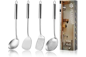 PLEAFIND 4P set utensilios de cocina, set acero inoxidable, utensilios de cocina y espumadera, espatula, cucharones y volteador ranurado