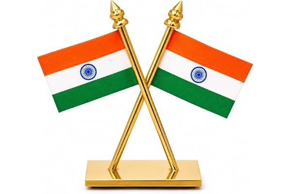 Indian National Flag Cross Stand | Premium Metal Car Dashboard Tiranga Flag | Desk Table Flag Stand with Double Tape | Office