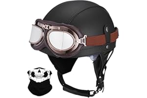RMBDD Leather Half Helmet German Style Retro Motorcycle Helmet ECE Approved Men Women Vintage Open Face Helmet with Goggles Half Shell Cap Moped Helmet for Chopper Cruiser Scooter Bike