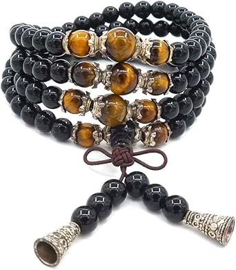 Samsara Collana Tibetana Con Quarzo Rosa E Onice Nero - Mala Tibetano Con 108 Grani