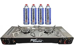ALPEN CAMPING GAS ENERGY ALPEN CAMPING - Réchaud à gaz 2 feux 4400W Inox Allumage piezo + 4 cartouches gaz butane