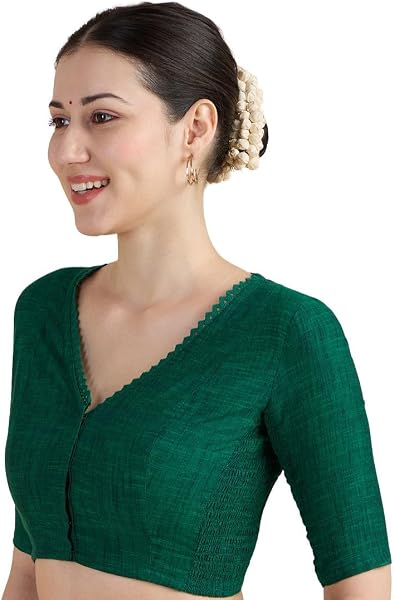 Studio Shringaar Women's Handloom Cotton Side Stretchable (Smocked) Readymade Saree Blouse with Crochet Neckline