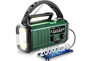 Winnes Radio de Emergencia Portátil 20000 mAh, Alarma SOS, Radio FM/Am con lámpara de Lectura, brújula,generador de manivela y Carga Solar, para Exteriores, Carga de Emergencia para Smartphones.