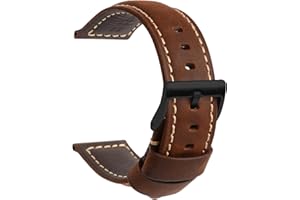 TStrap Cinturino Pelle Orologio 20mm - Nero Cuoio Vintage Elegante Cinturini Uomo - Flessibile Spessore Militari Bracciale di Ricambio Fibbia per Smartwatch - 20mm 22mm 24mm
