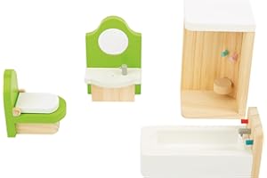 Small Foot 10872 drewniane meble do łazienki w domku dla lalek, w tym stojak do mycia, wanna, prysznic i toaleta, nadaje się do zginania, idealne akcesoria dla lalek dla dzieci od 3 lat