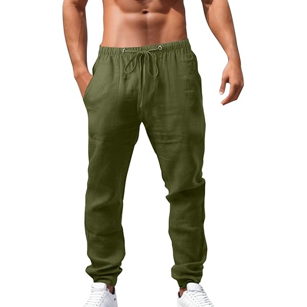 Zhiyao Linnen broek voor heren, casual strandbroek, elastische taille, yoga, strandbroek, zomer, stoffen broek, joggingbroek voor vakantie, strand, dagelijks gebruik, groen, XL