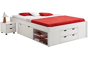 IDIMEX Bett mit Stauraum Sabrina Kiefer massiv weiß, Gästebett Tagesbett Kinderbett Jugendbett Bett 140x200 cm (B x L)