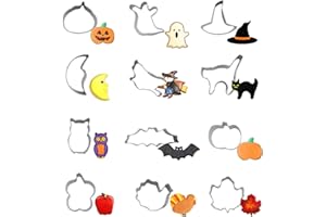 CRETHINKATY Mini Halloween Cookie Cutters,12 Pieces Stainless Steel Cookie Cutter Sets for Baking-Pumpkin,Ghost,Black Cat,Bat,Wizard Hat,Wizard,Maple Leaf,Moon,Turkey