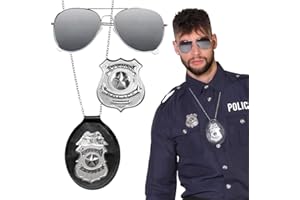 Boland 01417 - Set di 3 occhiali da polizia, per feste, collana e distintivo, argento nero, unisex, polizia speciale, commissario, costume, carnevale, festa a tema