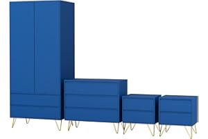 Nera Bedroom Furniture Set 4 Piece Wardrobe with Drawers Chest of Drawers Bedside Table Set with Metal Legs (Navy)