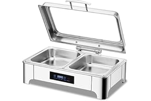 VFDZ 9L Scaldavivande Elettrico per Buffet, Acciaio Inossidabile Chafing Dish Elettrico, Professionale Vassoi Scaldavivande con Touche Intelligente LED, Temperatura Regolabile30-90°C(Size:1/2)