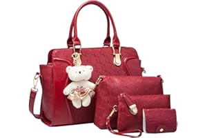 FiveloveTwo Women Tote Satchel Shoulder Bag PU Top Handle Bag Clutch Card Holder with Bear Ornaments