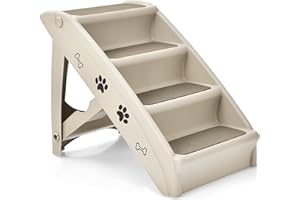 Maxmass Folding Dog Steps, Portable Pet Stairs with Non-slip Footpads, Comfortable Felt and Adorable Pattern, Access Pet Ladder Ramp for High Bed, Couch and Sofa (Beige)