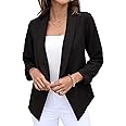 GRECERELLE Womens Blazer Suit Open Front Cardigan 3/4 Ruched Sleeve Casual Work Office Cropped Blazer Jacket for Ladies