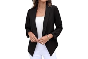 GRECERELLE Womens Blazer Suit Open Front Cardigan 3/4 Ruched Sleeve Casual Work Office Cropped Blazer Jacket for Ladies