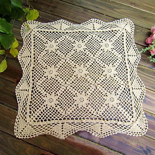 TideTex Rural Style Square Plant Flower Design Table Cover Handmade Crochet Lace Tablecloth Doilies Table Overlay Sofa Mat Hollow Out Decor Table Cloth (50cmx50cm, Beige)