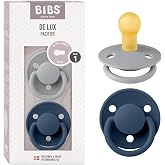 BIBS De Lux Pacifier, 0-6 Months, 2-Pack, Cloud/Steel Blue | Round Teat | Natural Rubber Latex | Size 1 | BPA Free | Made in