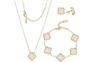 HighSpark Clover Necklace Pendant Earring Bracelet Set | Clover Necklaces for Women with Pendant Earring Bracelet make a Jewelry Set | Lovely Gift - White, Silver, Pearl