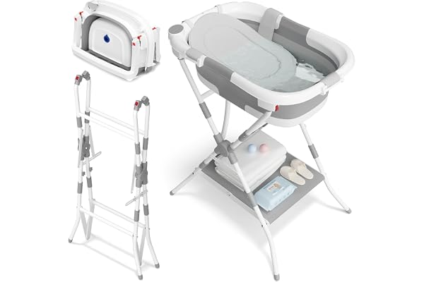 2 en 1 Baignoire Bebe sur Pied, Baignoire Pliable Bébé Avec Filet De Soutien Pour Les Nouveau-NéS Et Les Tout-Petits, Conception Multifonctionnelle Et Pliable Pour Le Rangement, Gris