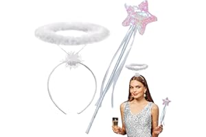 ROSAUI Angel Halo Headband and Glitter Star Wand Set – White Fluffy Halo & Sparkling Star Wand with Ribbons – Halloween Angel Costume Accessories for Kids and Adults