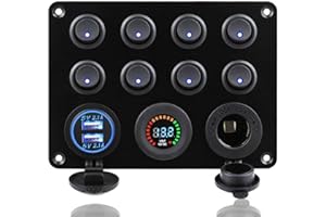 KAOLALI Pannello di Interruttori Basculanti, Interruttore a Levetta con 8 Interruttori Presa Accendisigari 12 V LED Voltmetro + 4,2 A Doppio Caricatore USB per Camper Roulotte Barche