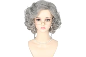 LeMarnia Graue Alte Dame Perücke kurz gelockt Oma Perücke5 teiliges Set Oma Kostüm Perücke Halloween Perücke