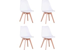 DEYARNA HOME Pack 4 Sillas de Comedor Nordicas, Sillas de Cocina con Cuero Tapizado Cojín y Patas de Madera de Haya, para Comedor, Salón, Dormitorio, Cocina (Blanco)