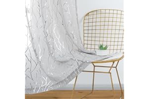 Kotile Voile Net Curtains for Bedroom - 72 Inch Drop Eyelet Semi Sheer Nets Printed Metallic Silver Tree Branch Window Voile Curtains Light Filter for Living Room, 46 x 72 Inch Drop, 2 Panels(1 Pair)