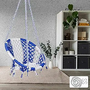 Patiofy Made in India Cotton Round Swing-Hanging Cotton Chair Swing with Accessories & Strong 3 ft. Chain for Indoor & Outdoor/150 Kgs Capacity/Swing Chair for Kids and Adults(66x45x148cm, White-Blue)