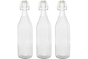 Argon Tableware 1.1 Litre Glass Bottles with Swing Top - Clear - 3x Reusable Empty Water Wine Milk Olive Oil Juice Gin Home Brew Brewing Drinking Fridge Dispenser Storage Jars with Stopper Lid