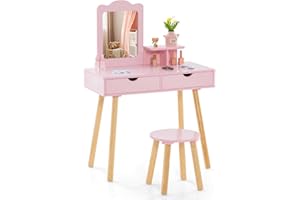 COSTWAY Zestaw toaletki dziecięcej 2 w 1, biurko i taboret ze zdejmowanym lustrem, 2 szuflady, grzebień, komoda do makijażu, drewniana dla dziewczynek w wieku 3-7 lat (różowy)