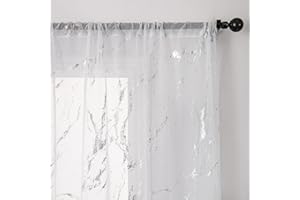 John Aird Voile Curtains - Slot Top - Silver Foil Printed Marble Design - White Linen Effect Voile (52" Wide x 48" Drop)
