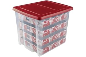 SUNWARE PERFECTLY ORGANISED Sunware Nesta Christmas Ball Storage Box 45L - Rangement boules de Noel - Plateaux pour 64 boules de Noël - Transparent/Rouge