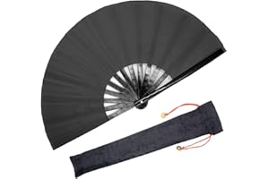 OMyTea Großer Rave-Handfächer aus Bambus für Männer/Frauen – chinesischer japanischer Kung Fu Tai Chi Handfächer mit Stoffhülle – für Aufführung, Dekorationen, Tanzen, Festival, Geschenk (Solid Black)