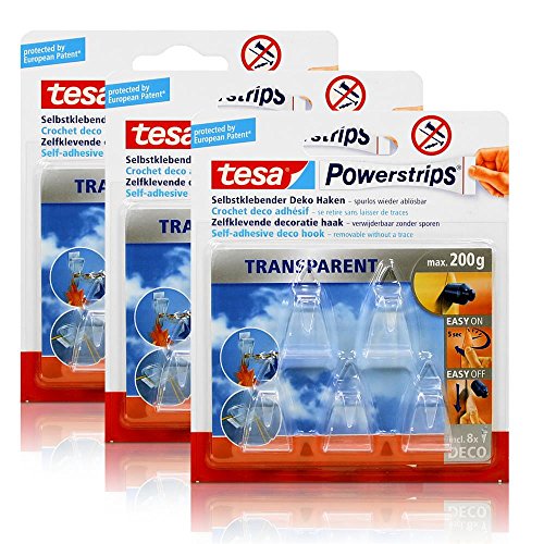 3x tesa Powerstrips Selbstklebende Deko Haken - Transparent für max. 200g Gewicht