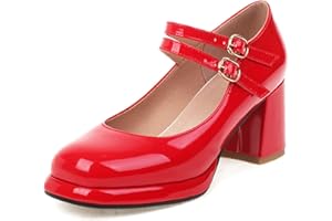 Lizoleor Femmes Bout Rond Mary Jane Cuir Verni Bride Cheville Bloc Plateforme Escarpins