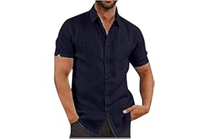 AEGJEGVD Linen Shirts Men Short Sleeve Button Down Casual Shirts Summer Hawaiian Lapel Blouses Cotton Linen Shirt Regular Fit Holiday Beach Shirt Solid Henley Shirt with Pocket UK Size 8-22 Clearance