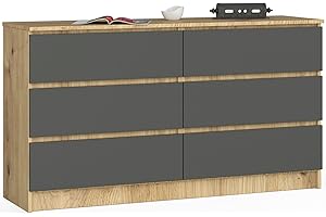 ‎AKORD Kommode K-140 mit 6 (2 x 3) Schubladen | für das Wohnzimmer Schlafzimmer Schrank Büro Arbeitszimmer | Modernes Funktionales Design | B138 x H77 x T40 cm, Gewicht 51kg | Artisan Eiche / Graphitgrau