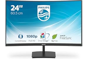 Philips 241E1SC 24" Monitor Curvo AMD Freesync 75 Hz LED VA FHD, 4ms, 3 Side Frameless, Low Blue Mode, Flicker Free, HDMI, VGA, VESA, Nero