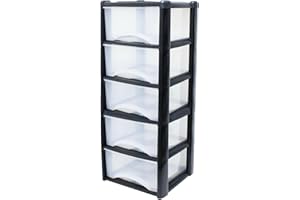 Neat. 5 Plastic Storage Drawers Unit with See-Through Drawers, Compact Vertical Design – Durable Plastic, Ideal for Organizing Office Crafts, and Household Items, 100cm x L39cm x W39cm - Black/Clear