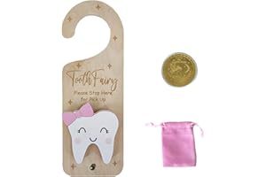 PAMBO Tooth Fairy Door Hanger, Wooden Holder with Tooth Coins for Kids - Pink