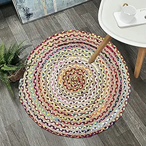 HAMMER PRO Natural Jute & Cotton Chindhi Round Carpet (2x2 Feet, Multicolour)