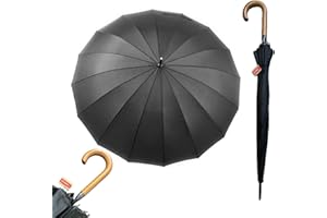 JNR Paraguas Grande XXL Resistente Al Viento,16 Varillas Reforzadas,Paraguas Plegable Antiviento Dama o Caballero, Mujer Hombre Negro, Automático,110cm Diametro MANGO DE MADERA