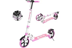 MEE GOO H007D Trottinette avec frein à disque, double amortisseur, roues en polyuréthane de 200 mm, roulements ABEC-7, trottinette pliable pour adultes 18+, planche antidérapante avec rose/blanc/bleu